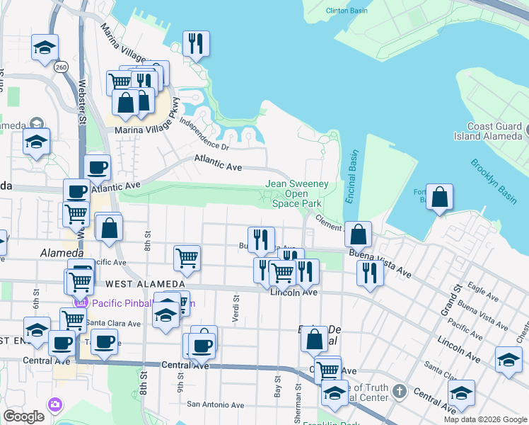 map of restaurants, bars, coffee shops, grocery stores, and more near 1850 Saint Charles Street in Alameda