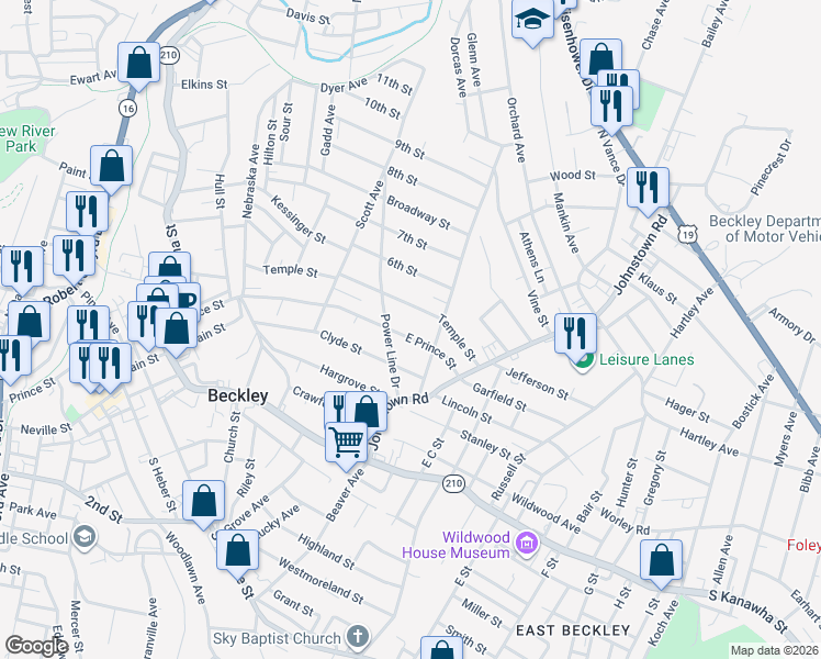 map of restaurants, bars, coffee shops, grocery stores, and more near 512 Temple Street in Beckley