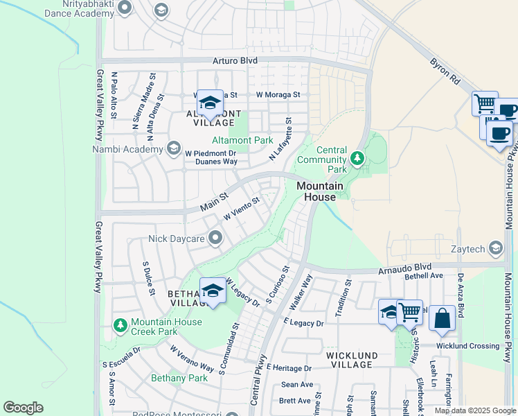 map of restaurants, bars, coffee shops, grocery stores, and more near 288 West Adoncia Drive in Tracy