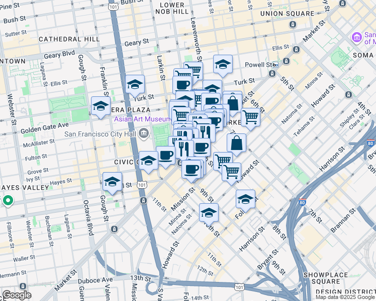 map of restaurants, bars, coffee shops, grocery stores, and more near in San Francisco