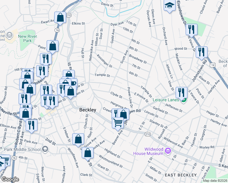 map of restaurants, bars, coffee shops, grocery stores, and more near 229 East Prince Street in Beckley