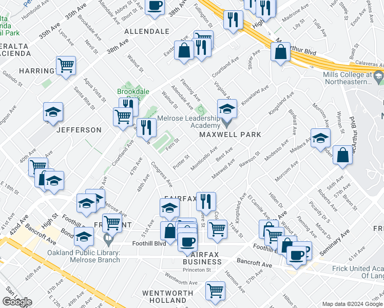 map of restaurants, bars, coffee shops, grocery stores, and more near 4822 Gordon Street in Oakland