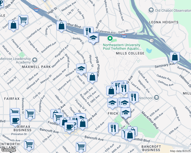 map of restaurants, bars, coffee shops, grocery stores, and more near 5417 MacArthur Boulevard in Oakland