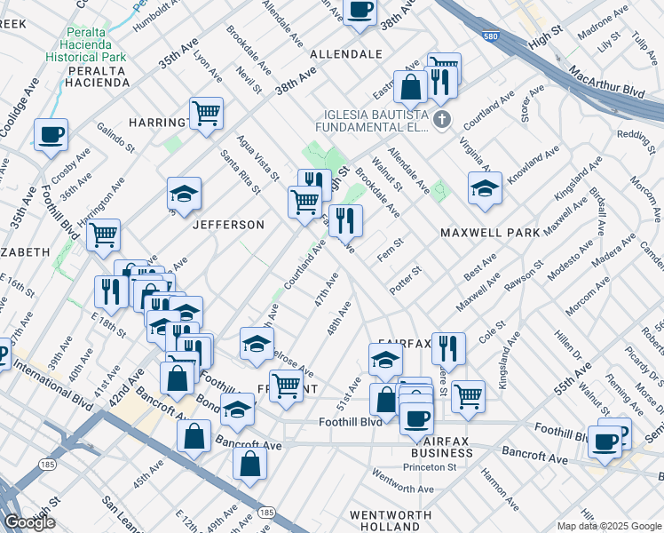 map of restaurants, bars, coffee shops, grocery stores, and more near 4634 Congress Avenue in Oakland