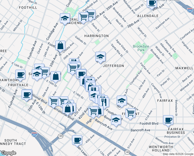 map of restaurants, bars, coffee shops, grocery stores, and more near 2035 Rosedale Avenue in Oakland