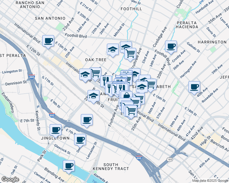 map of restaurants, bars, coffee shops, grocery stores, and more near 1479 Fruitvale Avenue in Oakland