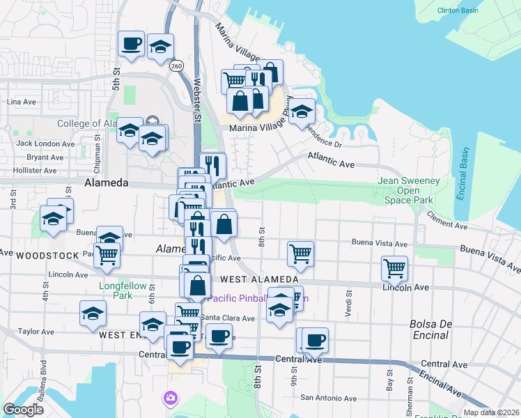 map of restaurants, bars, coffee shops, grocery stores, and more near 1862 8th Street in Alameda