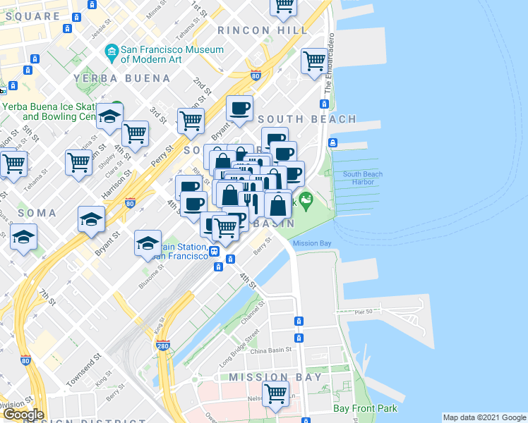 map of restaurants, bars, coffee shops, grocery stores, and more near in San Francisco
