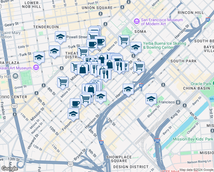 map of restaurants, bars, coffee shops, grocery stores, and more near 270 6th Street in San Francisco