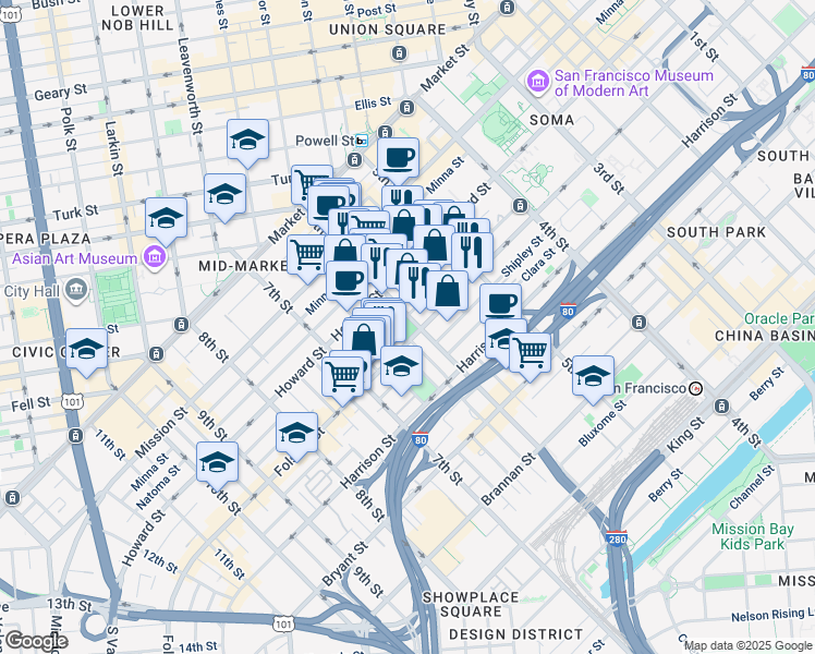 map of restaurants, bars, coffee shops, grocery stores, and more near 270 6th Street in San Francisco