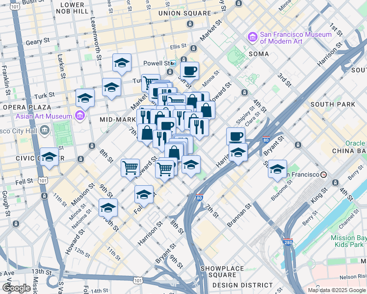 map of restaurants, bars, coffee shops, grocery stores, and more near 2 Harriet Street in San Francisco