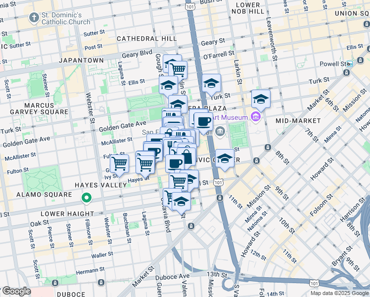 map of restaurants, bars, coffee shops, grocery stores, and more near 380 Fulton Street in San Francisco