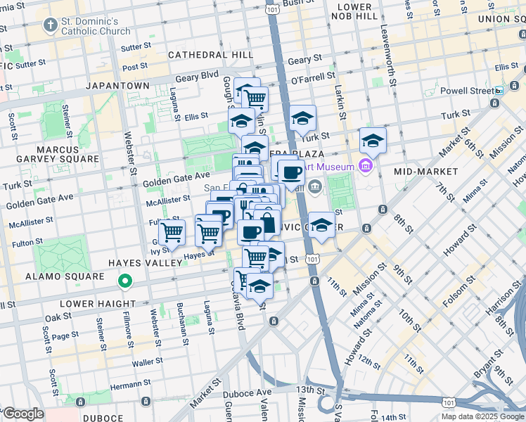 map of restaurants, bars, coffee shops, grocery stores, and more near 380 Fulton Street in San Francisco