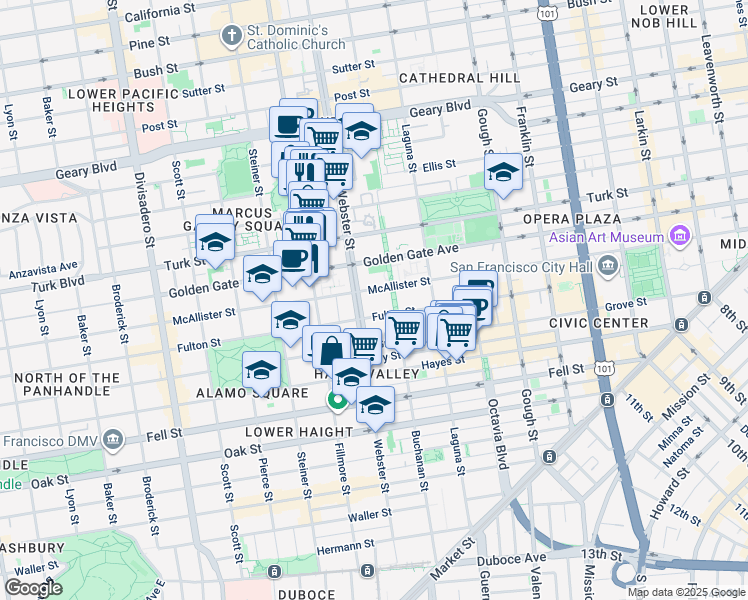 map of restaurants, bars, coffee shops, grocery stores, and more near 1050 McAllister Street in San Francisco