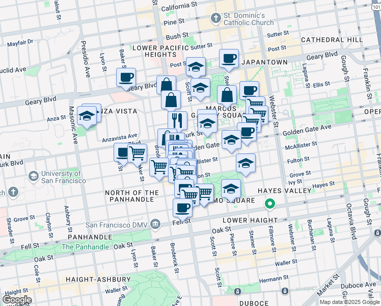 map of restaurants, bars, coffee shops, grocery stores, and more near 1616 Golden Gate Avenue in San Francisco
