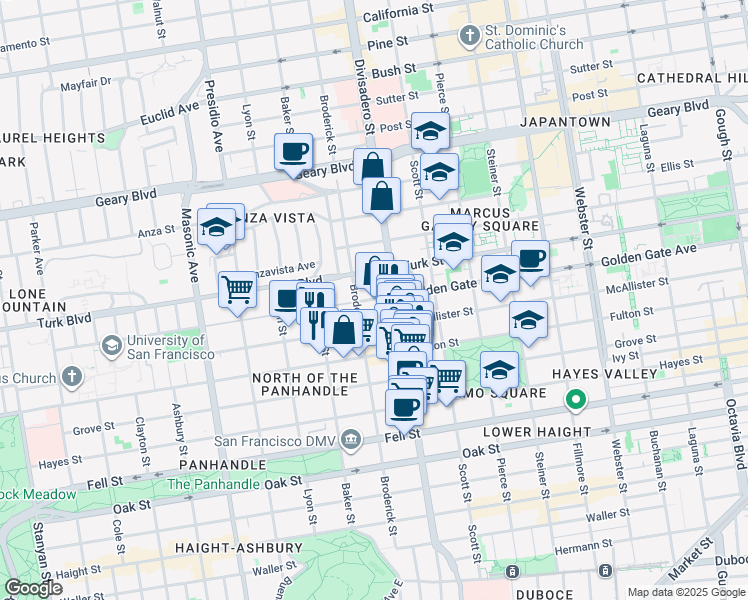 map of restaurants, bars, coffee shops, grocery stores, and more near 1021 Divisadero Street in San Francisco