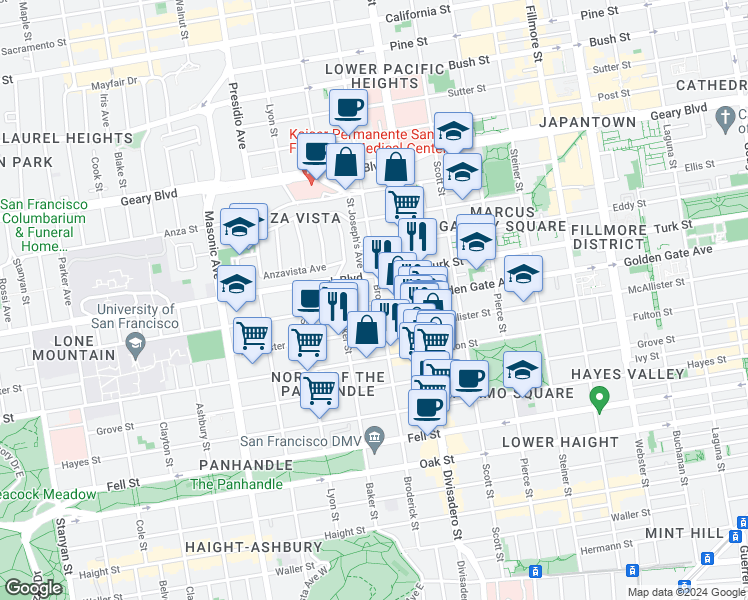 map of restaurants, bars, coffee shops, grocery stores, and more near 935 Broderick Street in San Francisco