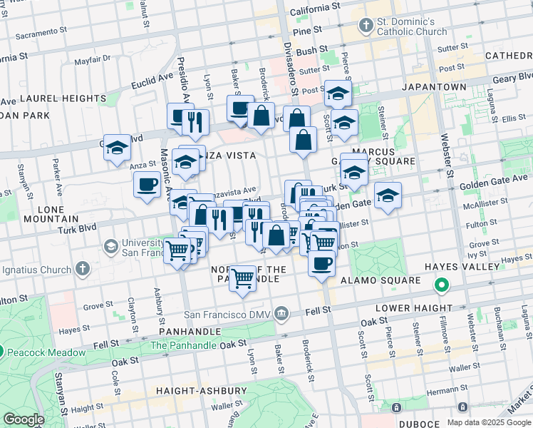 map of restaurants, bars, coffee shops, grocery stores, and more near 845 Baker Street in San Francisco