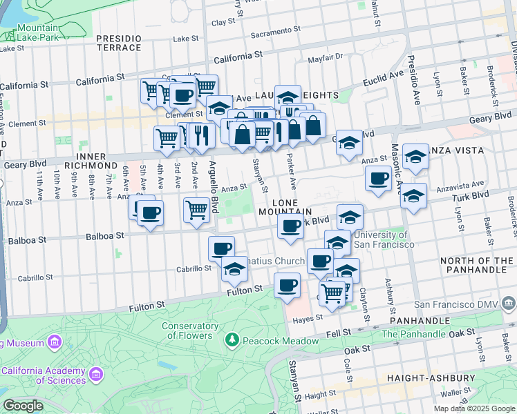 map of restaurants, bars, coffee shops, grocery stores, and more near 148 Stanyan Street in San Francisco