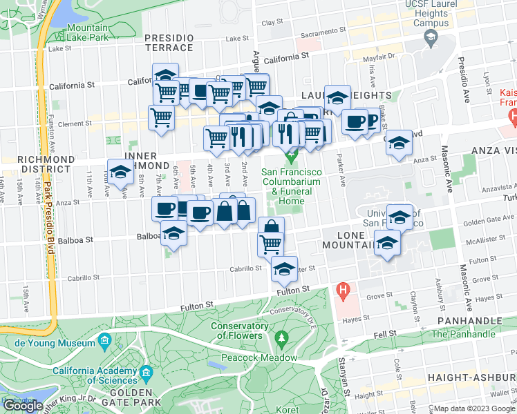 map of restaurants, bars, coffee shops, grocery stores, and more near 600 Arguello Boulevard in San Francisco