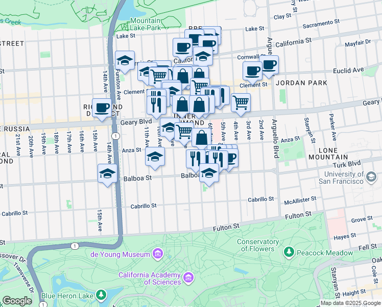 map of restaurants, bars, coffee shops, grocery stores, and more near 1653 Anza Street in San Francisco