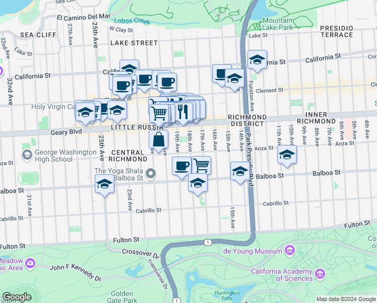 map of restaurants, bars, coffee shops, grocery stores, and more near 474 19th Avenue in San Francisco