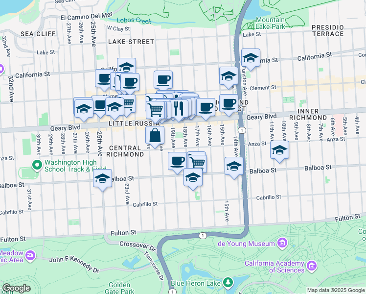 map of restaurants, bars, coffee shops, grocery stores, and more near 474 19th Avenue in San Francisco