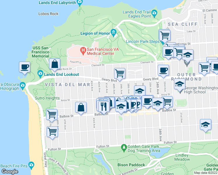 map of restaurants, bars, coffee shops, grocery stores, and more near 501 41st Avenue in San Francisco