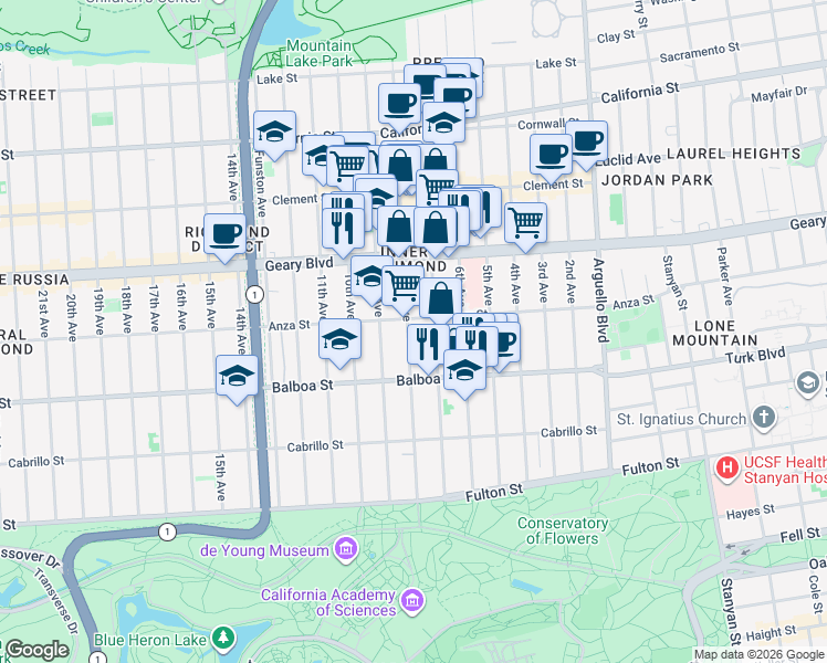 map of restaurants, bars, coffee shops, grocery stores, and more near 520 8th Avenue in San Francisco