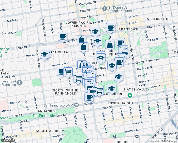 map of restaurants, bars, coffee shops, grocery stores, and more near 1616 Golden Gate Avenue in San Francisco