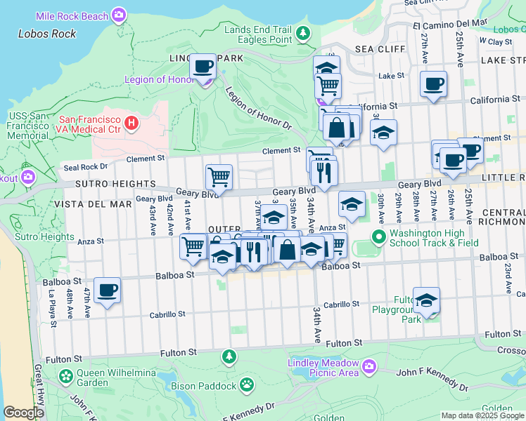 map of restaurants, bars, coffee shops, grocery stores, and more near 550 37th Avenue in San Francisco