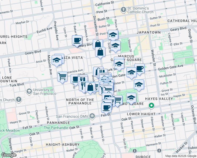 map of restaurants, bars, coffee shops, grocery stores, and more near 1021 Divisadero Street in San Francisco