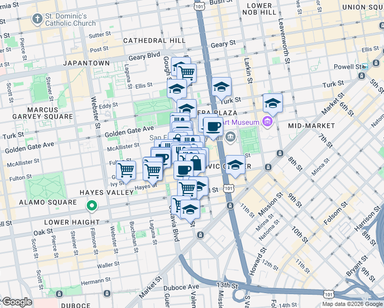 map of restaurants, bars, coffee shops, grocery stores, and more near 345 Fulton Street in San Francisco