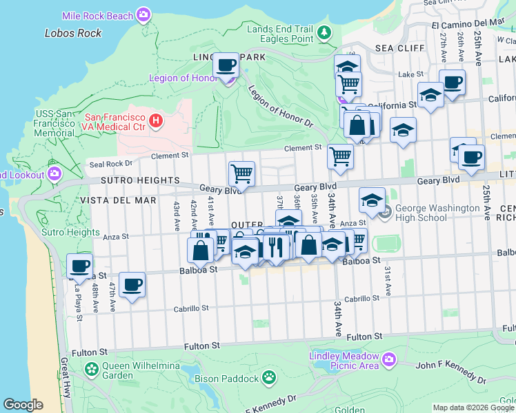 map of restaurants, bars, coffee shops, grocery stores, and more near 519 38th Avenue in San Francisco