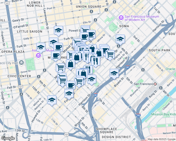 map of restaurants, bars, coffee shops, grocery stores, and more near 38 Harriet Street in San Francisco