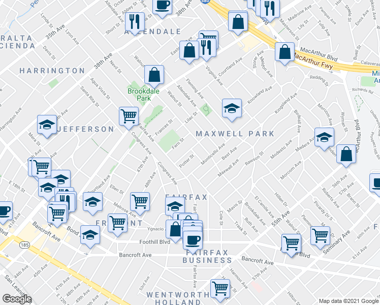map of restaurants, bars, coffee shops, grocery stores, and more near 2464 Renwick Street in Oakland