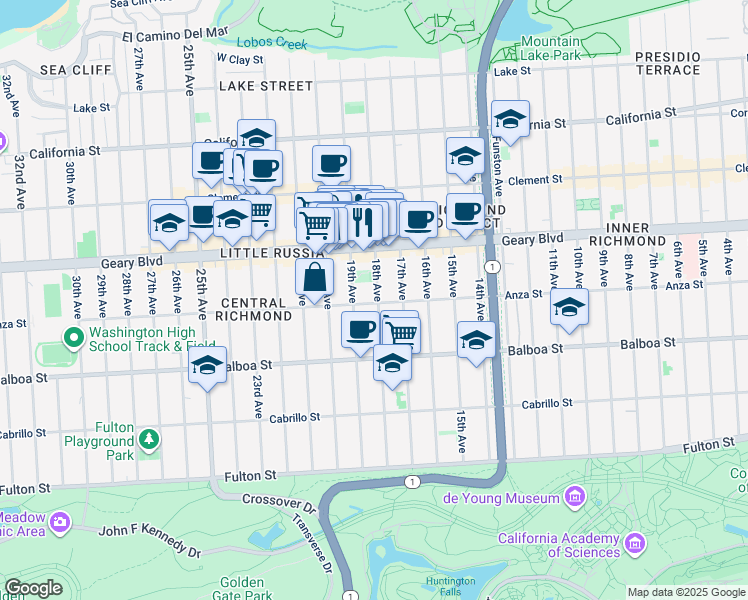 map of restaurants, bars, coffee shops, grocery stores, and more near 474 19th Avenue in San Francisco