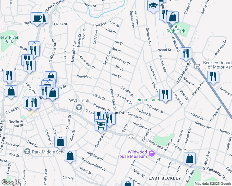 map of restaurants, bars, coffee shops, grocery stores, and more near 405 East Prince Street in Beckley