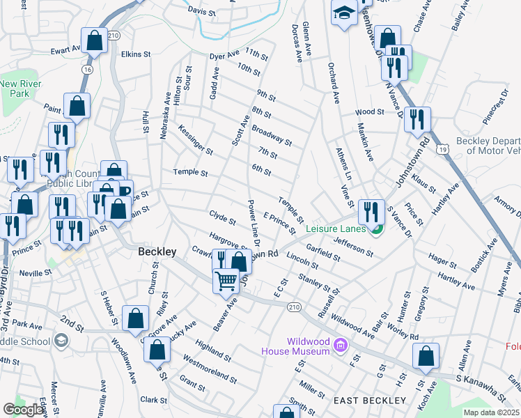 map of restaurants, bars, coffee shops, grocery stores, and more near 405 East Prince Street in Beckley