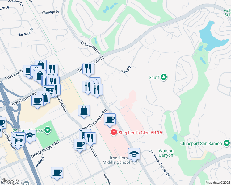 map of restaurants, bars, coffee shops, grocery stores, and more near 320 Norris Canyon Terrace in San Ramon
