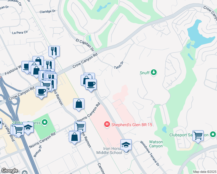 map of restaurants, bars, coffee shops, grocery stores, and more near 318 Norris Canyon Terrace in San Ramon