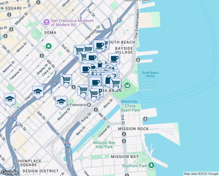 map of restaurants, bars, coffee shops, grocery stores, and more near 210 Townsend Street in San Francisco