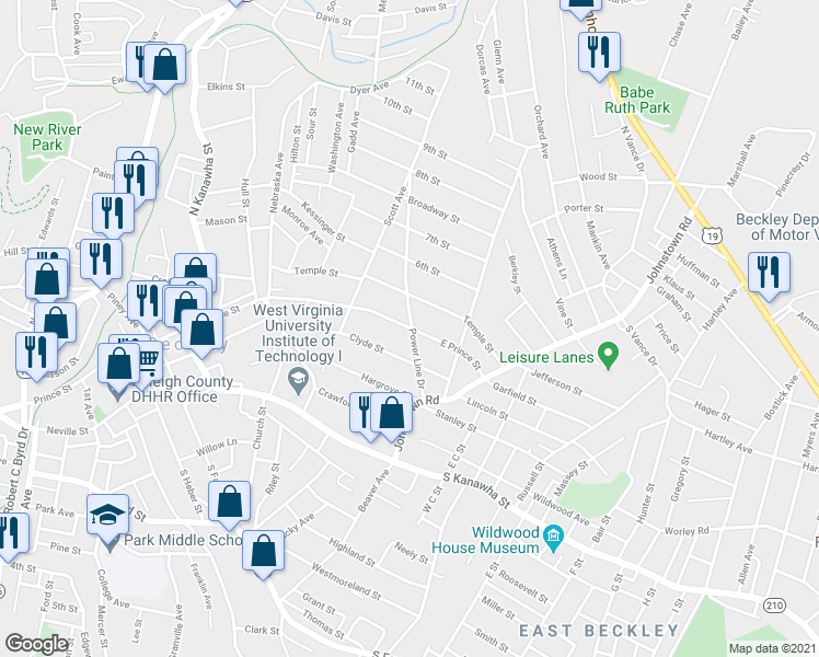 map of restaurants, bars, coffee shops, grocery stores, and more near 360 East Prince Street in Beckley