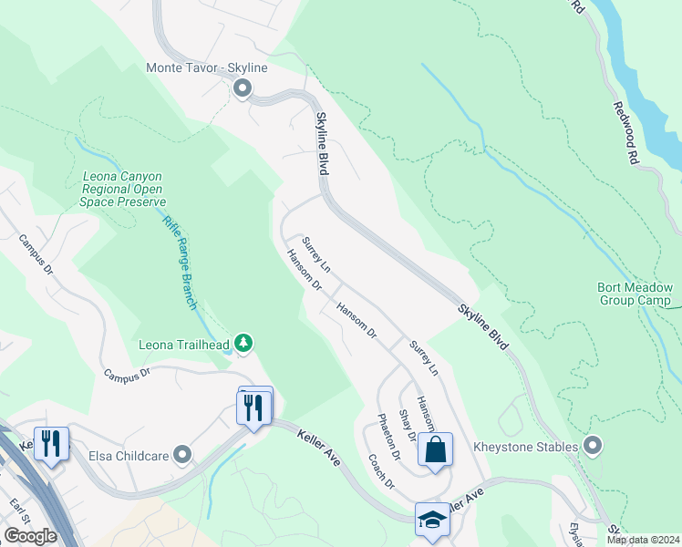 map of restaurants, bars, coffee shops, grocery stores, and more near 7684 Surrey Lane in Oakland