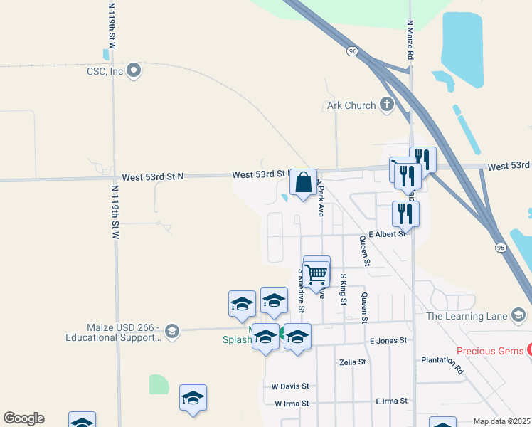 map of restaurants, bars, coffee shops, grocery stores, and more near 300 West Albert in Maize