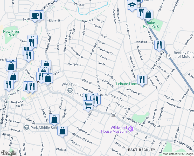 map of restaurants, bars, coffee shops, grocery stores, and more near 360 East Prince Street in Beckley
