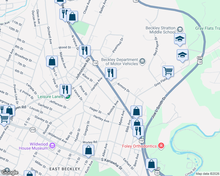 map of restaurants, bars, coffee shops, grocery stores, and more near 331 Armory Drive in Beckley