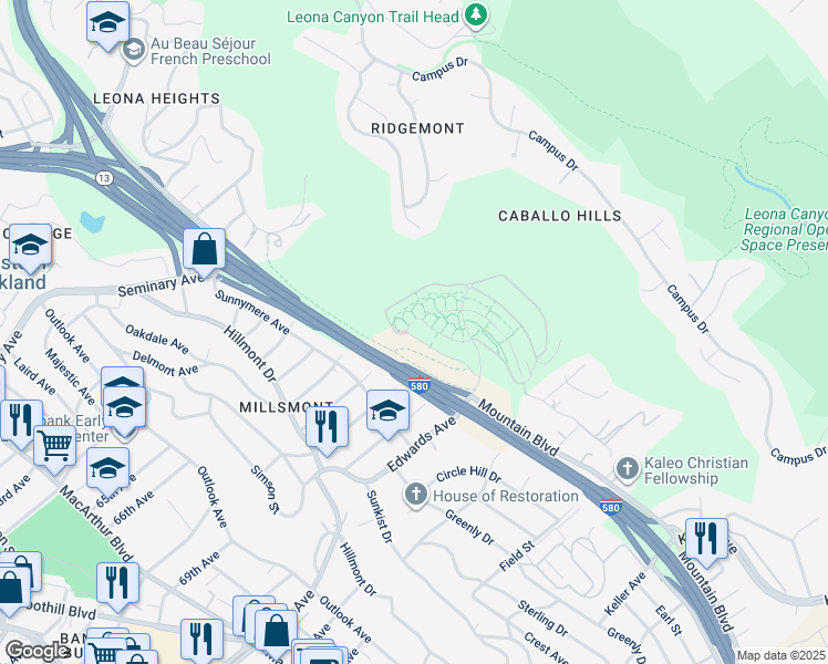 map of restaurants, bars, coffee shops, grocery stores, and more near 6063 Old Quarry Loop in Oakland