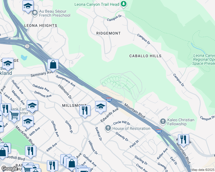 map of restaurants, bars, coffee shops, grocery stores, and more near 6063 Old Quarry Loop in Oakland