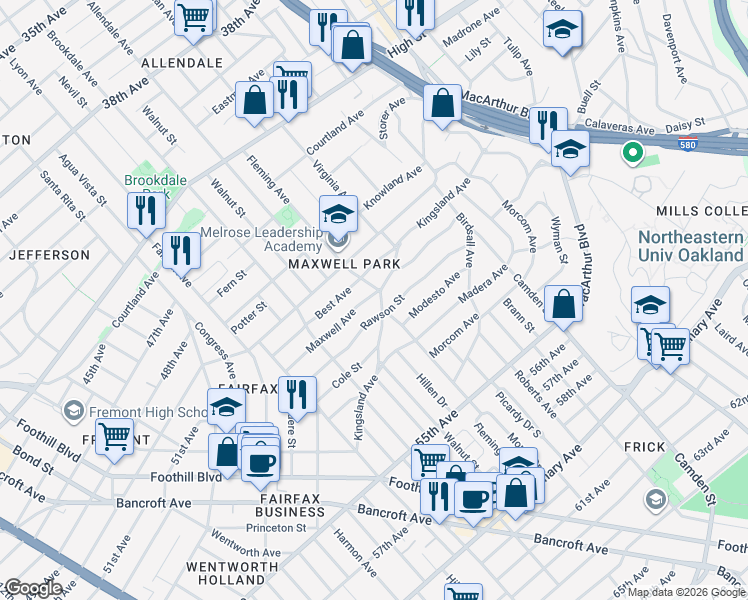 map of restaurants, bars, coffee shops, grocery stores, and more near 2756 Maxwell Avenue in Oakland